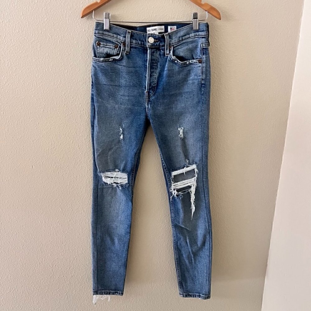 Re/Done High Rise Ankle Crop Stretch Distressed Jeans In Mid 90s 25‌‌‌‌‌‌‎